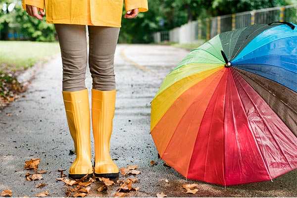 persona con botas de agua, paraguas y chubasquero en invierno en Mallorca